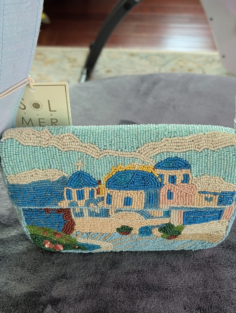Beaded  Greece Seascape Bag- Light Blue